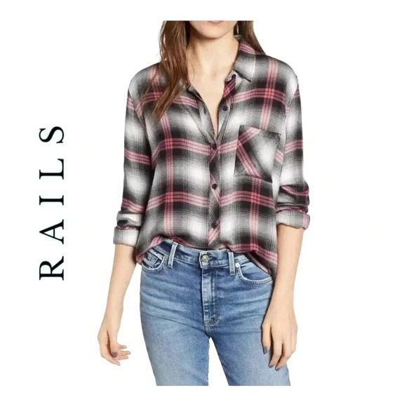 1498. RAILS HUNTER LONG SLEEVE BUTTON UP TOP SIZE XSMALL PINK/BROWN/WHITE - Picture 1 of 11